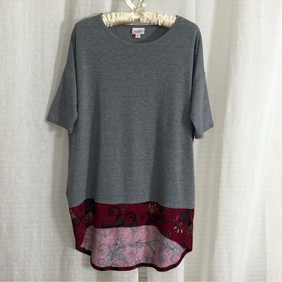 LuLaRoe XS IRMA Gray Burgundy Floral Trim Crew Short Sleeve Tunic - Picture 1 of 11